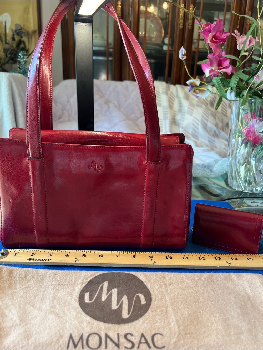 Monsac Burgundy Leather Shoulder Bag with Matching Wallet